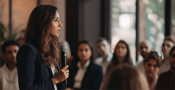 Executiva com microfone discursando para uma plateia atenta