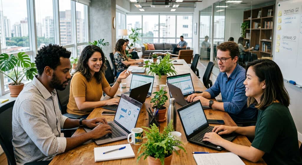 Quatro homens e mulheres em mesa de reunião, utilizando computadores para atuar em carreiras digitais.