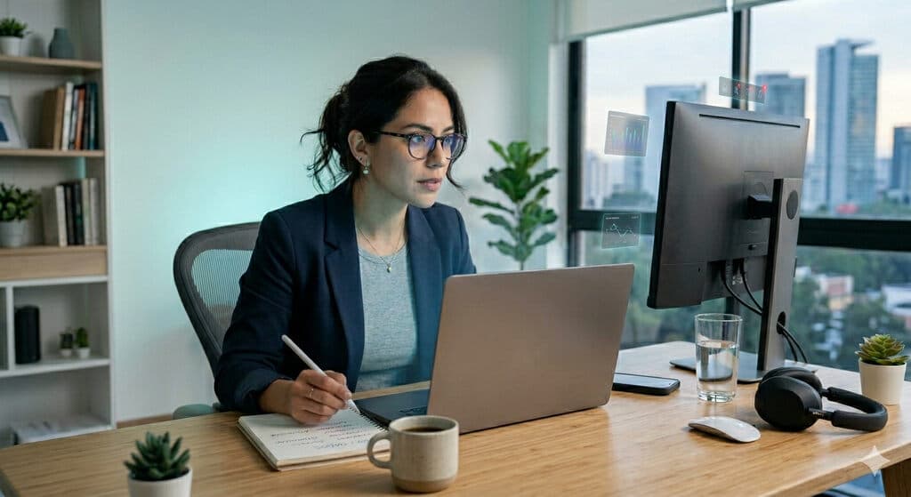 Mulher em escritório corporativo desenvolvendo competências digitais.