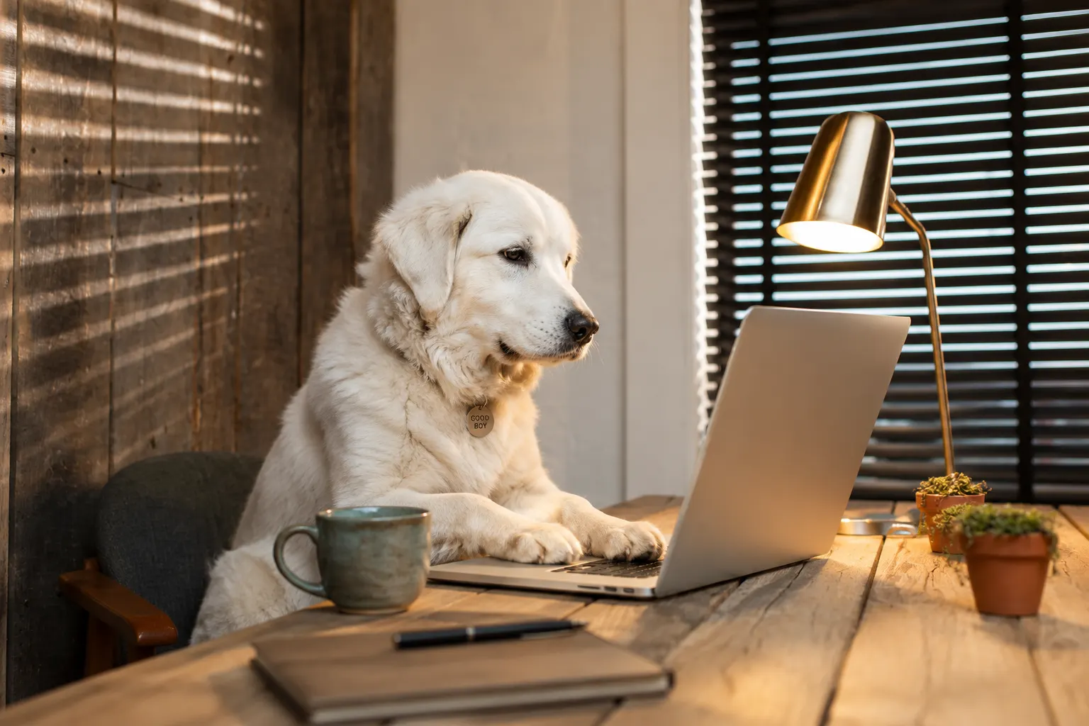 Cachorro sentado à mesa em frente a um notebook