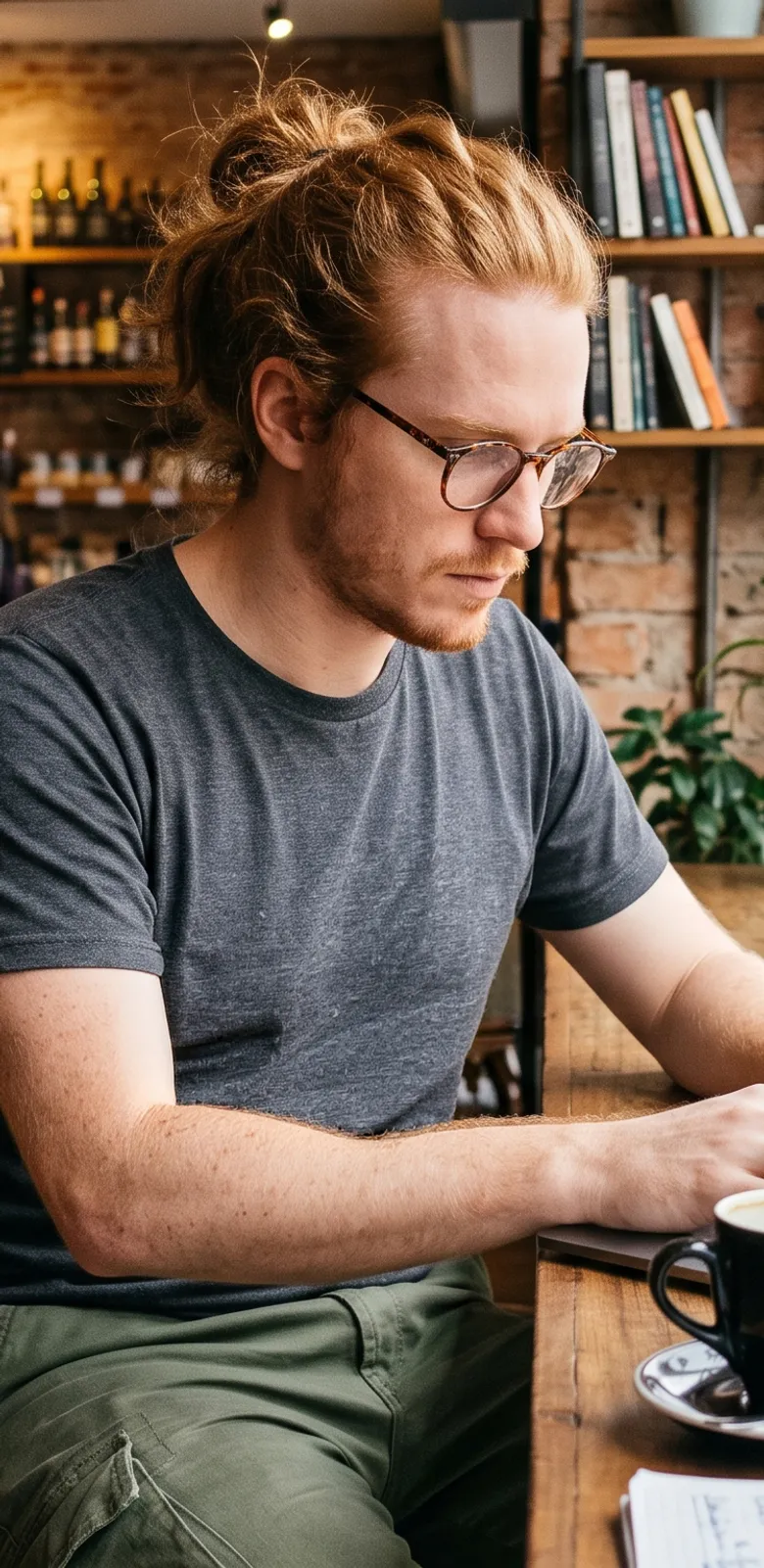 Pessoa de óculos trabalhando no notebook em um café, com uma xícara ao lado