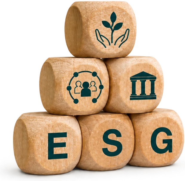 Cubos de madeira empilhados formando a palavra ESG, com ícones de meio ambiente, social e governança